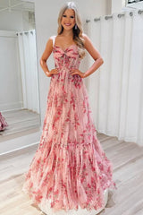 Floral Print Pink Sweetheart A-Line Prom Dress with Straps