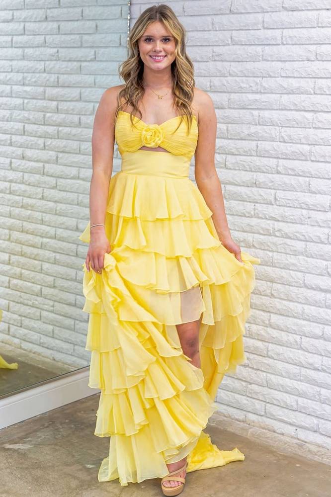 Strapless keyhole Tiered Ruffles Floor Length Chiffon Prom Gown in Pink
