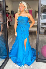 Slit Bowknot Strapless Pleated Satin Prom Dress