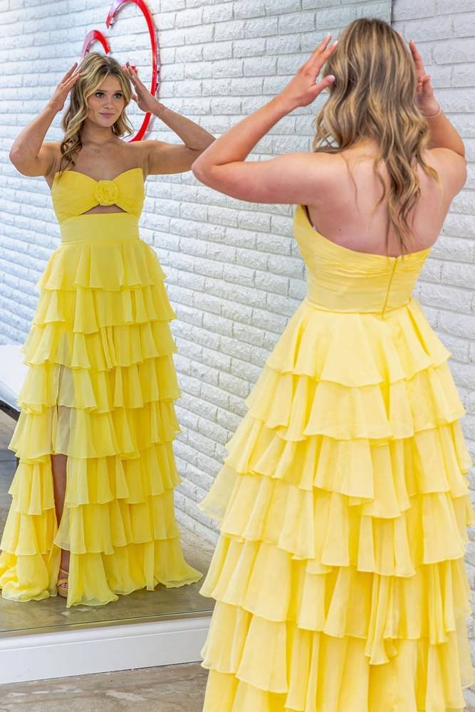 Strapless keyhole Tiered Ruffles Floor Length Chiffon Prom Gown in Pink