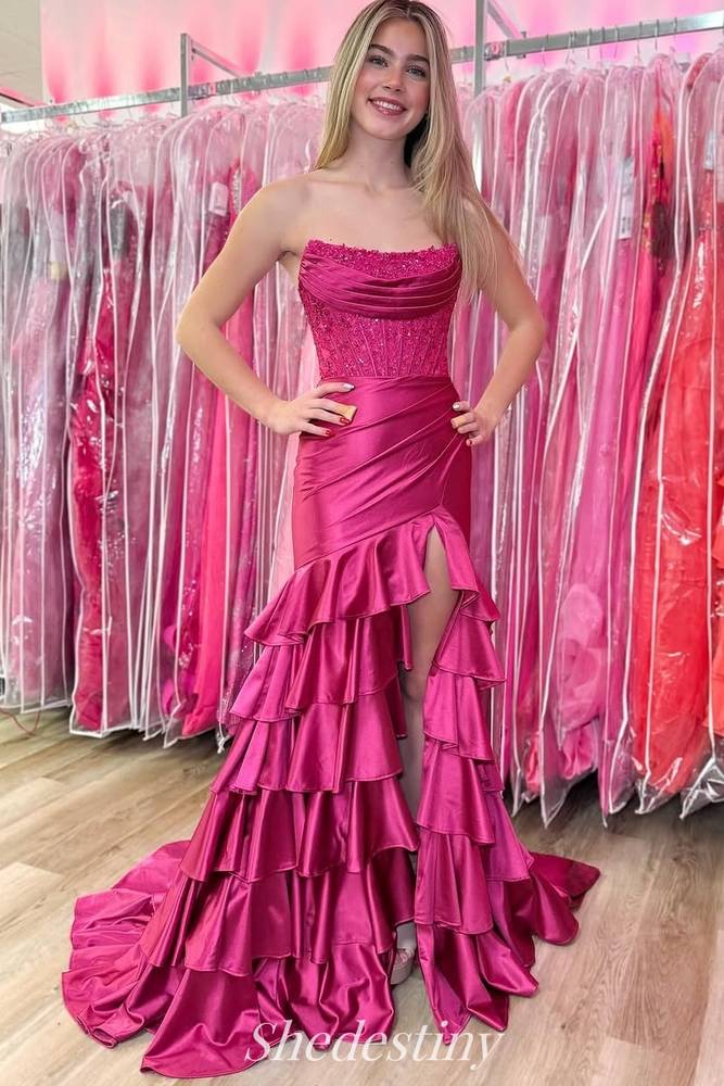 Corset Pink Strapless Mermaid Ruffles Slit Prom Dress