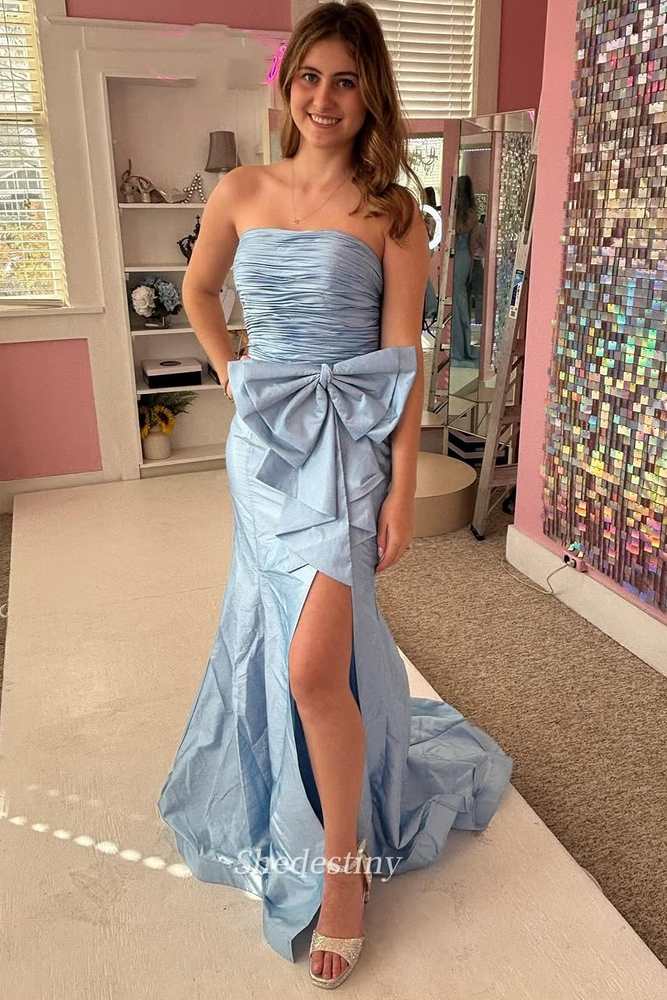 Slit Red Bowknot Strapless Pleated Satin Prom Dress