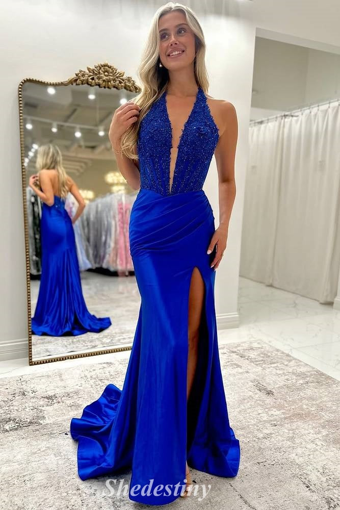 Rhinestone Halter V-Neck Royal Blue Mermaid Slit Prom Dress