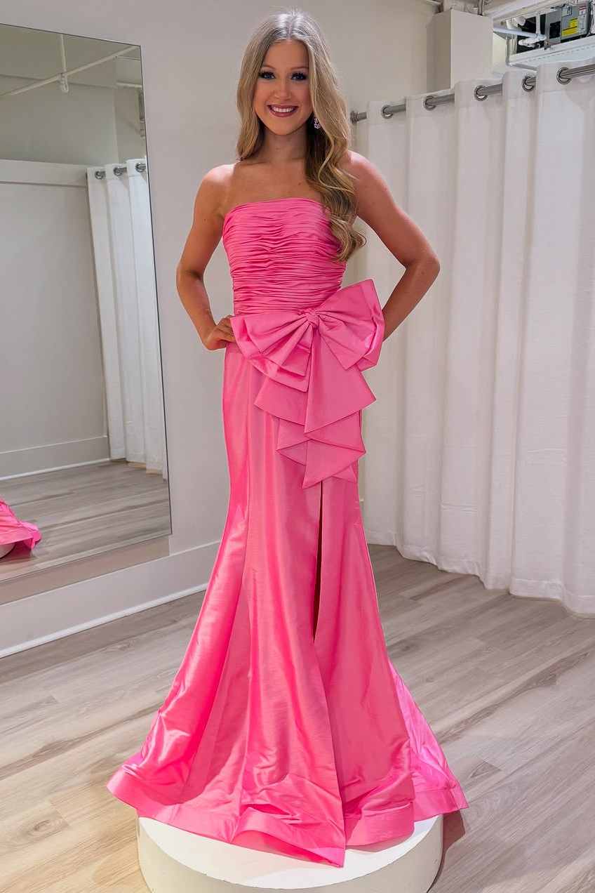 Hot Pink Bowknot Strapless Pleated Satin Prom Dress