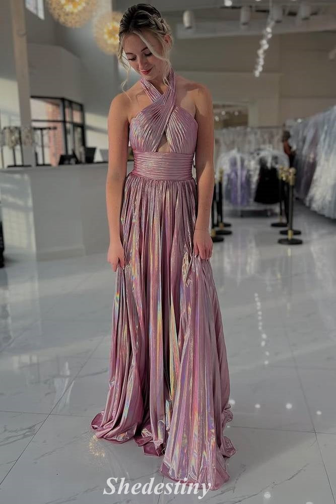 Halter Metallic Blush Keyhole Ruched Long Prom Dress