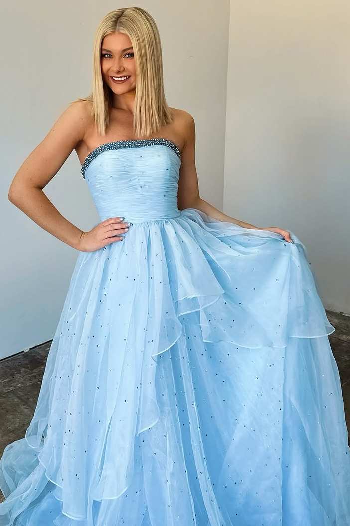 A-Line Light Blue Rhinestone Strapless Layered Tulle Prom Dress