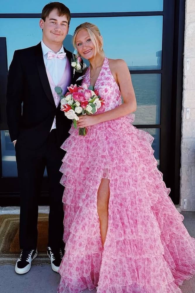 Floral Print A-Line Blush Halter V-Neck Tiered Prom Dress with Slit
