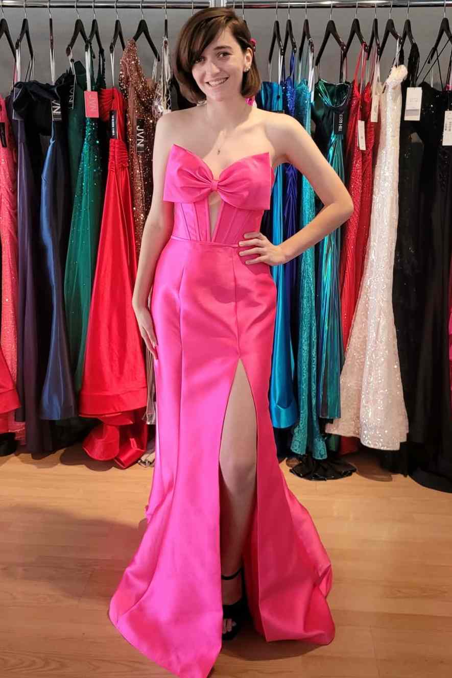 Keyhole Hot Pink Bow Strapless Mermaid Prom Dress with Slit