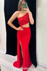 Mermaid Red Applique One Shoulder Prom Dress with Side Cutout