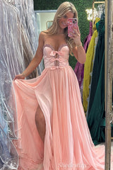 Bow Blue Sweetheart Corset Rhinestone Pleated Prom Dress with Slit