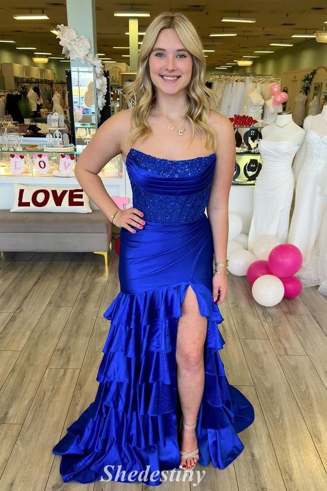 Corset Pink Strapless Mermaid Ruffles Slit Prom Dress