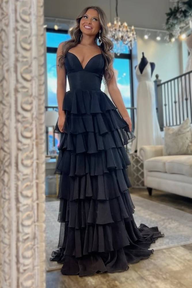 Spaghetti Strap Ruffle Tiered Long Prom Dress in Black