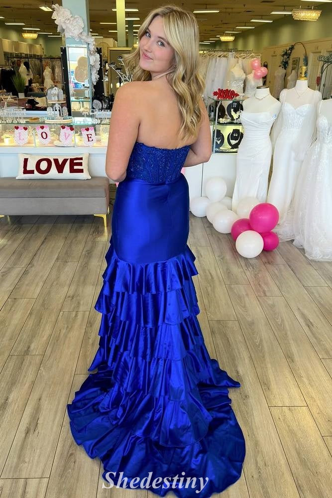 Corset Pink Strapless Mermaid Ruffles Slit Prom Dress