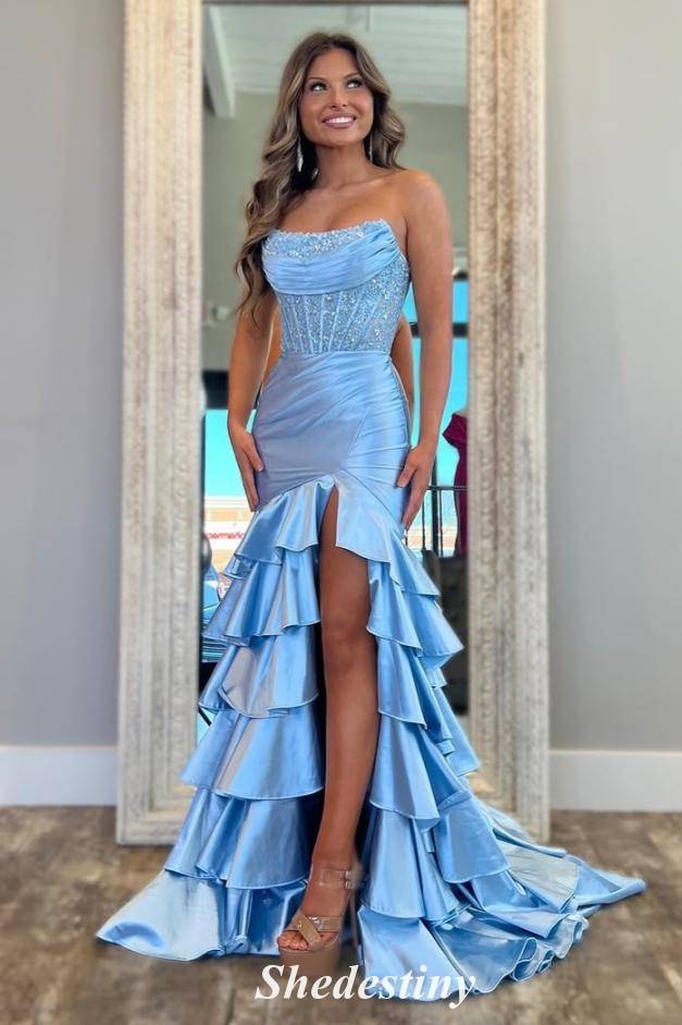 Corset Strapless Mermaid Ruffles Slit Prom Dress