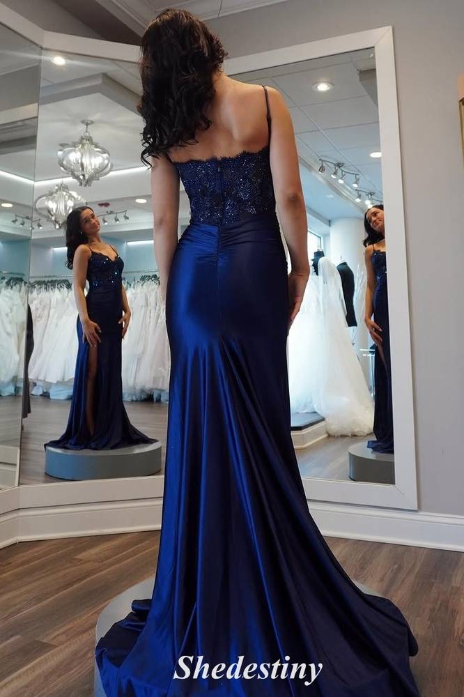 Elegant V-Neck Corset Sequin Navy Blue Mermaid Slit Prom Dress