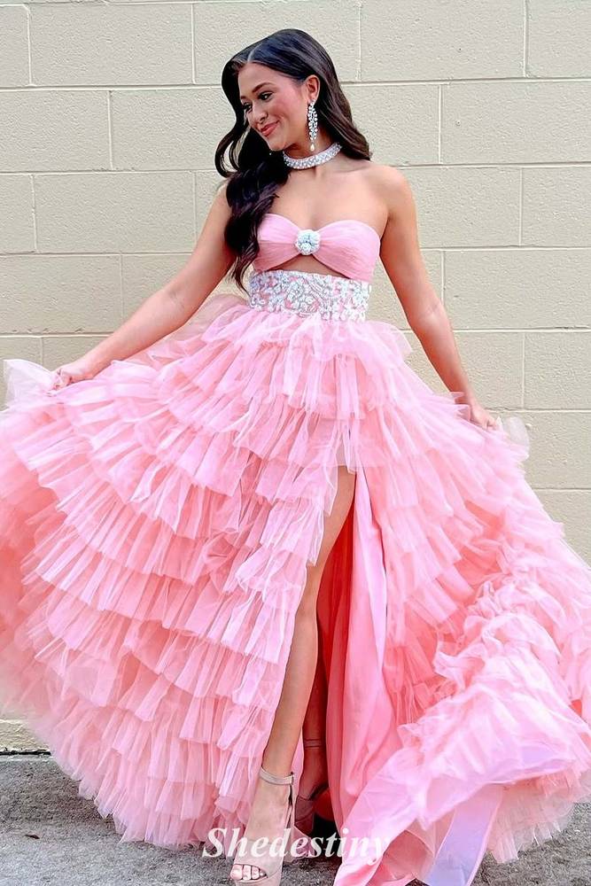Pink Strapless Corset A-Line Layered Fitted Prom Dress with Slit