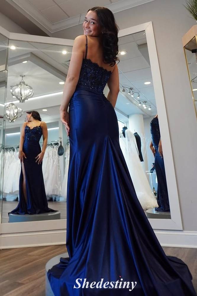 V-Neck Sequin Navy Blue Mermaid Slit Prom Dress
