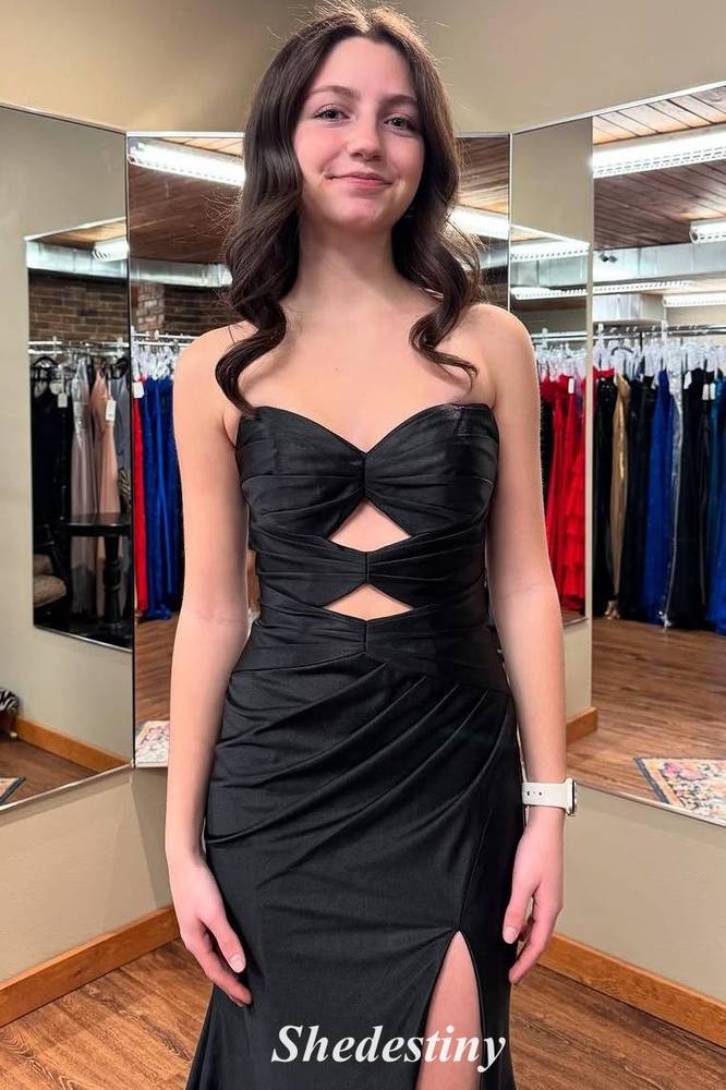 Satin Black Sweetheart Keyhole Mermaid Slit Prom Dress