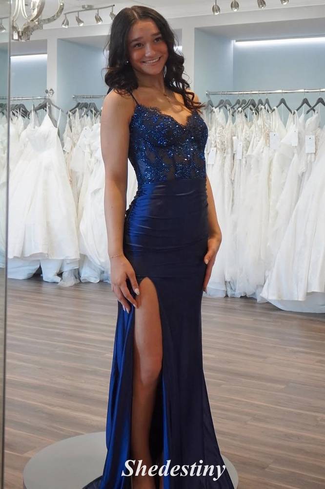Elegant Sequin Navy Blue Mermaid Slit Prom Dress
