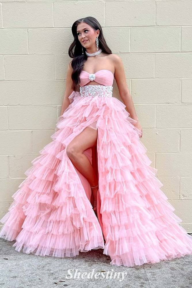 Strapless Corset A-Line Layered Fitted Prom Dress with Slit