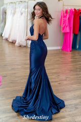 Halter Plunging V Neck Mermaid Navy Blue Prom Gown with Shiny Applique