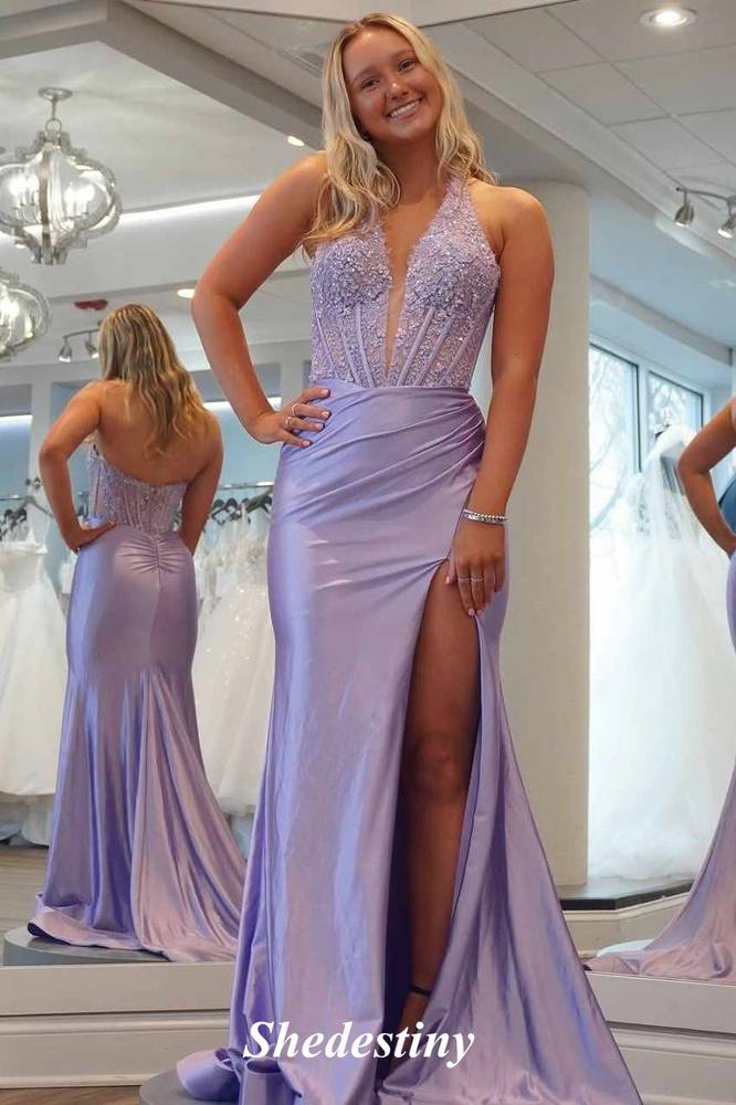 Rhinestone Halter V-Neck Lavender Mermaid Slit Prom Dress