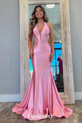 Halter Plunging V Neck Mermaid Pink Prom Gown with Shiny Applique