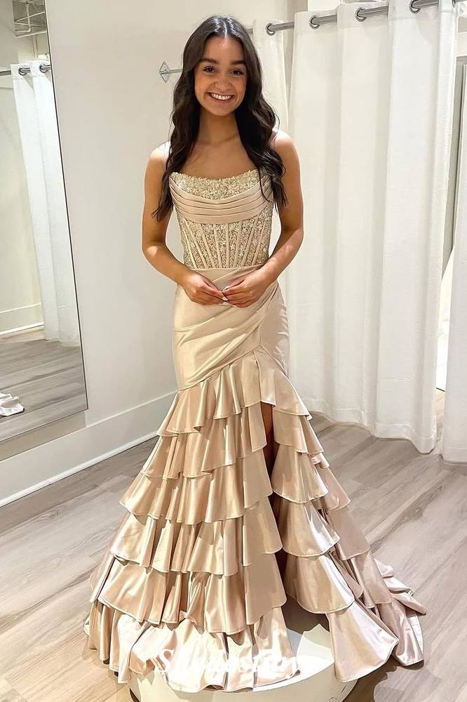 Corset Pink Strapless Mermaid Ruffles Slit Prom Dress
