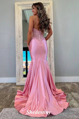 Halter Plunging V Neck Mermaid Pink Prom Gown with Shiny Applique