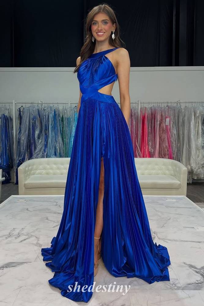 Stunning Royal Blue Backless Pleated Halter Prom Dress with Cutout Slit