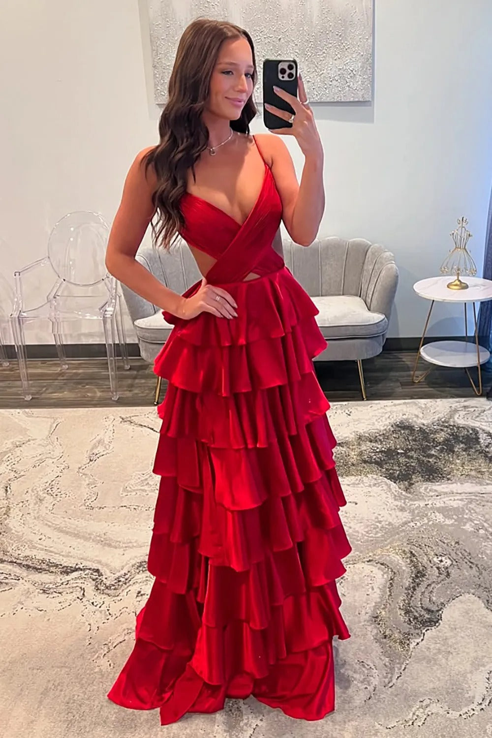 Fuchsia A Line Spaghetti Straps Satin Long Prom Dress with Slit