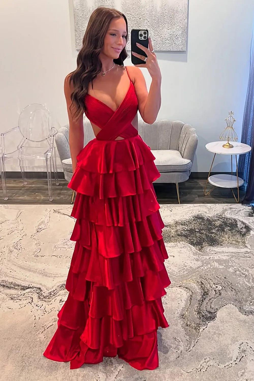 Fuchsia A Line Spaghetti Straps Satin Long Prom Dress with Slit
