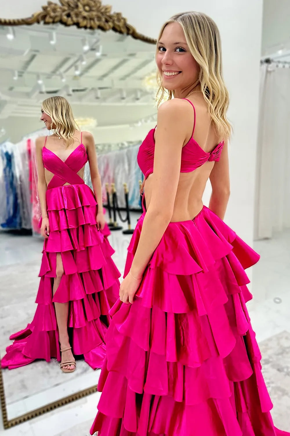 Fuchsia A Line Spaghetti Straps Satin Long Prom Dress with Slit