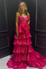 Fuchsia Sequins Tiered Ruffles Sweetheart Slit Long Prom Dress with Bow