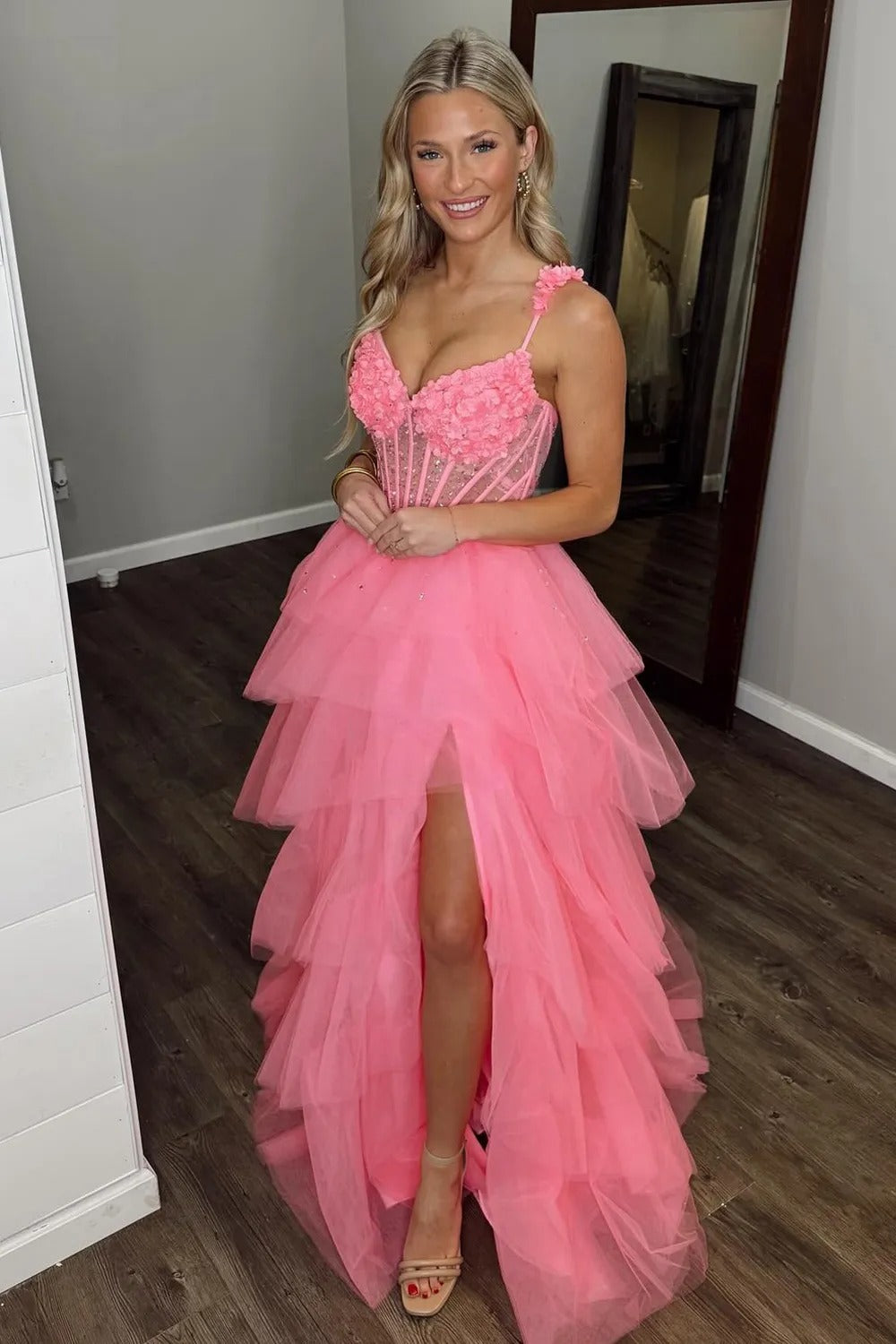 Sparkly Pink Spaghetti Straps Princess Long Corset Prom Dress with Appliques