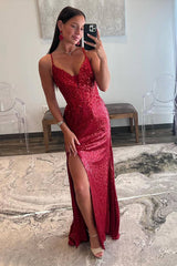 Sparkly Red Sequin Spaghetti Straps Sheath Long Prom Dress with Appliques