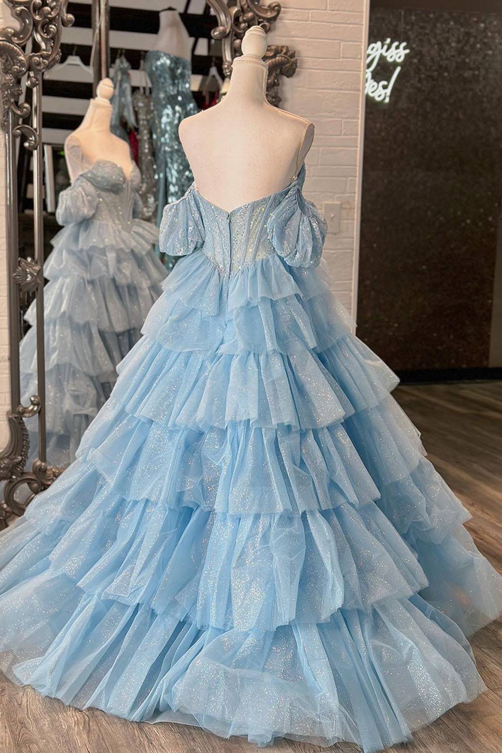Sparkly Sequin Tulle A-Line Off the Shoulder Long Corset Prom Dress with Slit