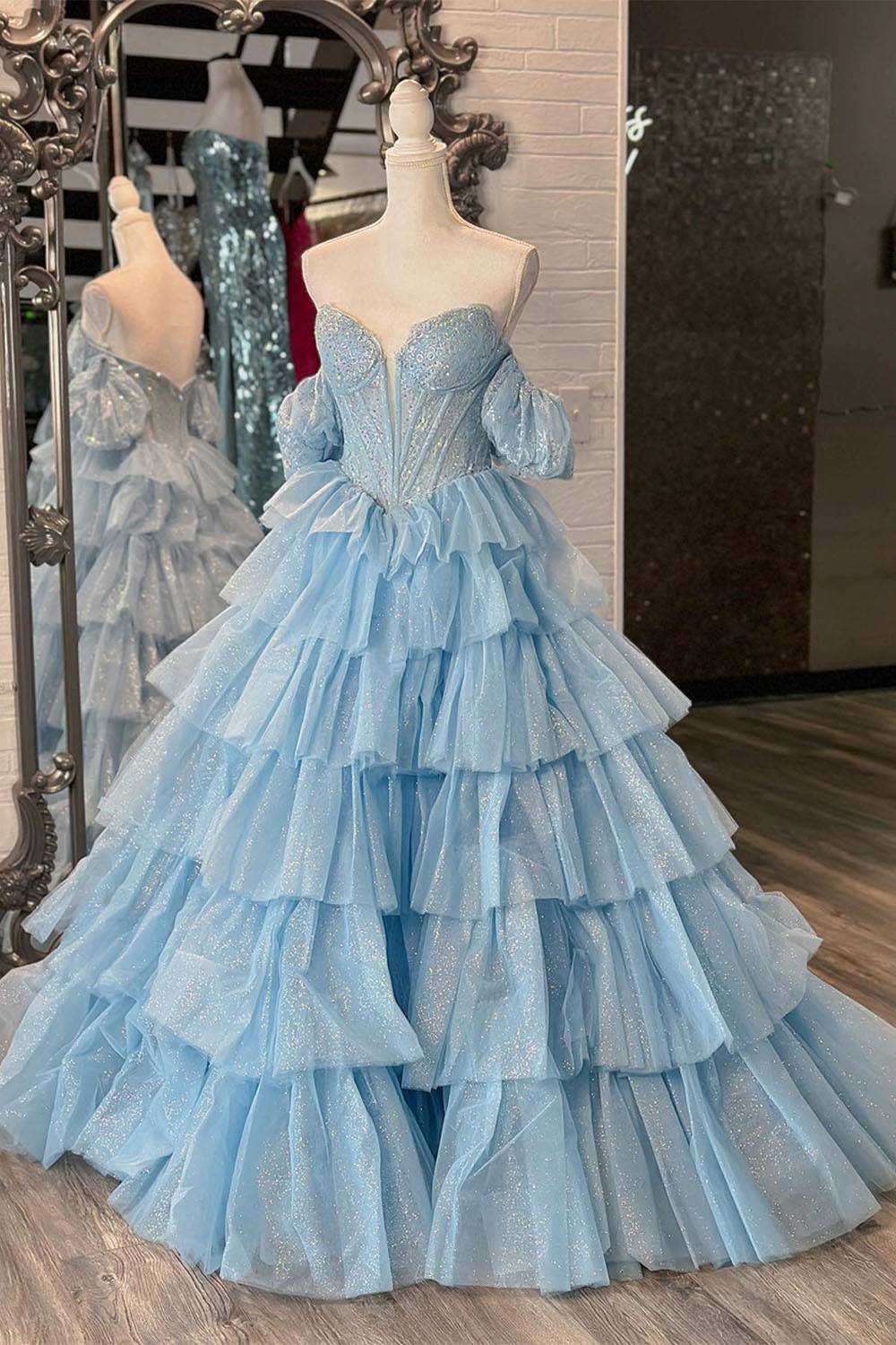 Sparkly Sequin Tulle A-Line Off the Shoulder Long Corset Prom Dress with Slit