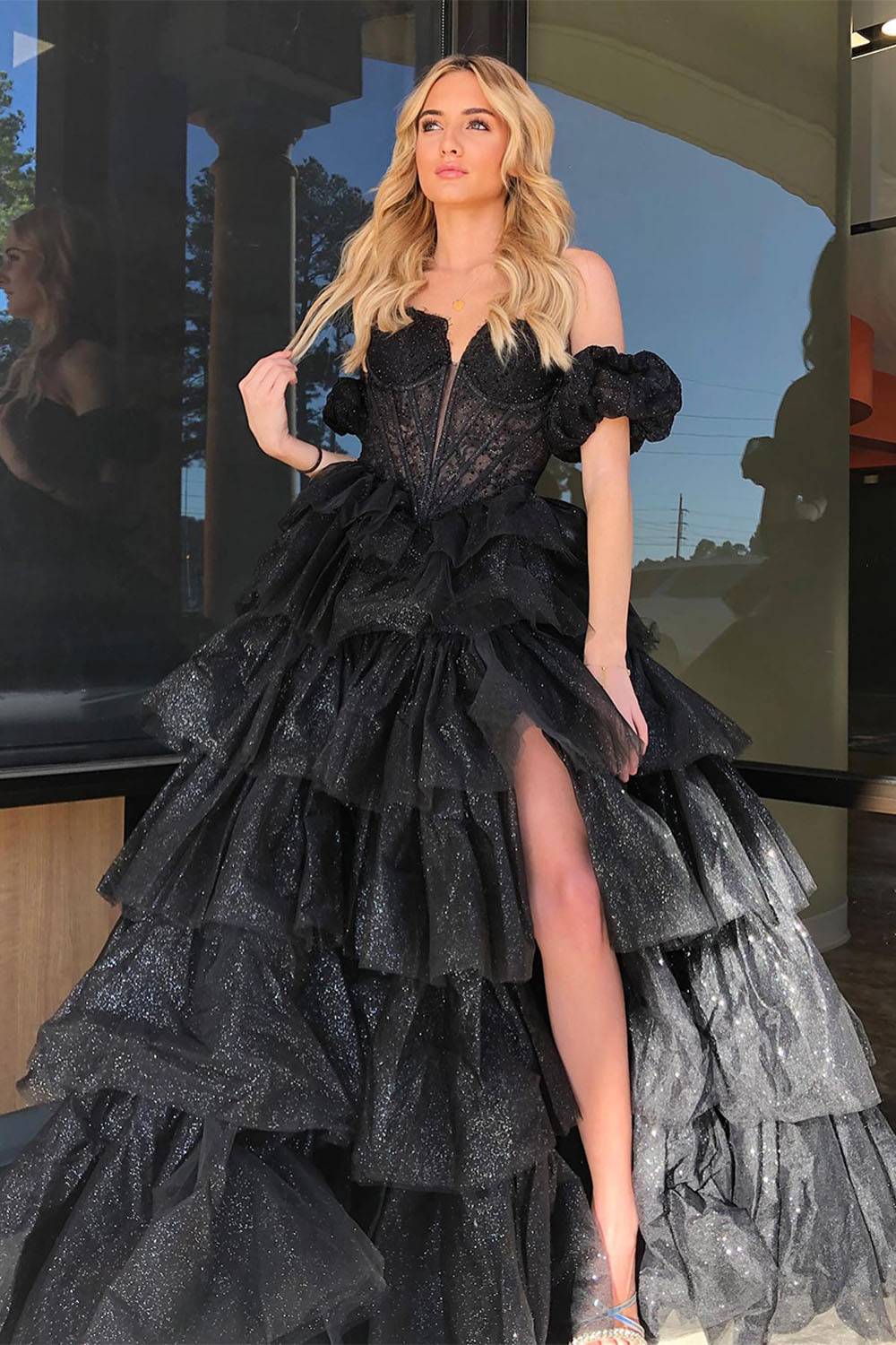 Sparkly Sequin Tulle A-Line Off the Shoulder Long Corset Prom Dress with Slit