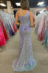 Sparkly Sequin Purple One Shoulder Mermaid Cut Out Long Prom Dress