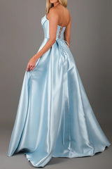 Strapless Satin A-Line Long Prom Dress with Slit