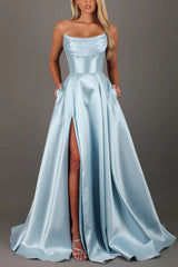 Strapless Satin A-Line Long Prom Dress with Slit
