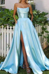 Strapless Satin A-Line Long Prom Dress with Slit