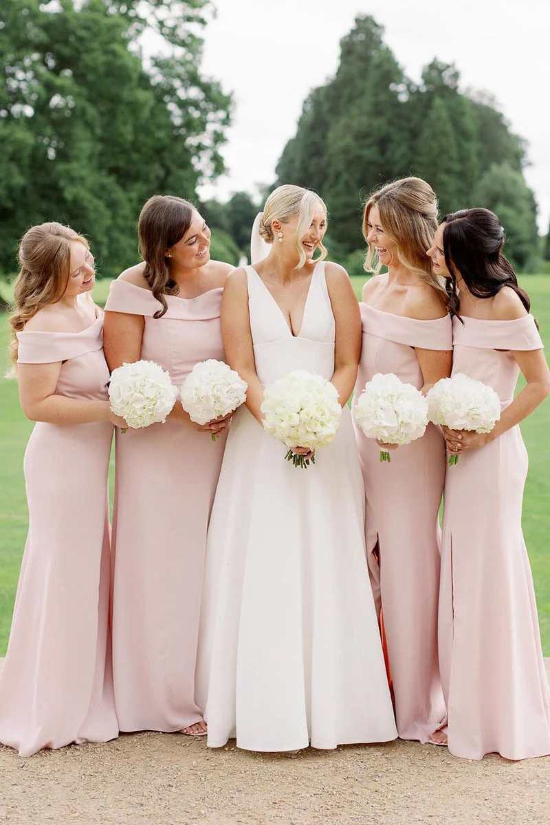 Pink Off the Shoulder Sheath Bridesmaid Dress with Slit