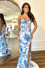 Blue Floral Print Spaghetti Straps Sheath Long Prom Dress with Slit