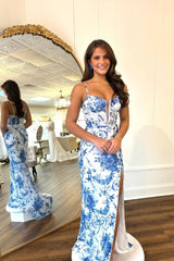 Blue Floral Print Spaghetti Straps Sheath Long Prom Dress with Slit
