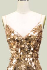 Mermaid V-Neck Stretchy Sequins Gold Prom Dress with Lace-Up