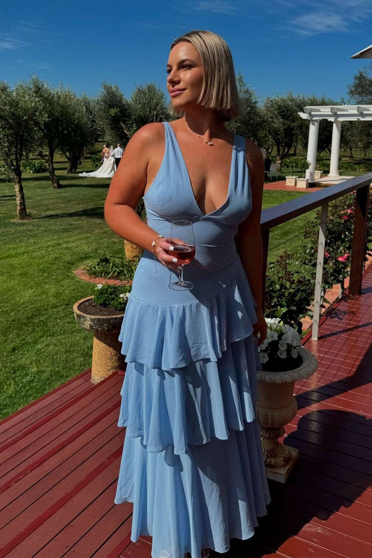 Blue Chiffon V-Neck Column Long Prom Dress with Ruffles