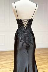 Black Applique Spaghetti Strap Ruching Long Prom Dress with Slit