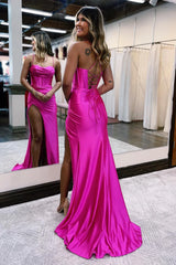 Hot Pink Sweetheart Mermaid Lace-Up Ruched Long Formal Dress